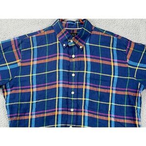 Mine Shirt Adult XL Blue‎ Plaid 100% Linen Button Down Long Sleeve Pocket Mens